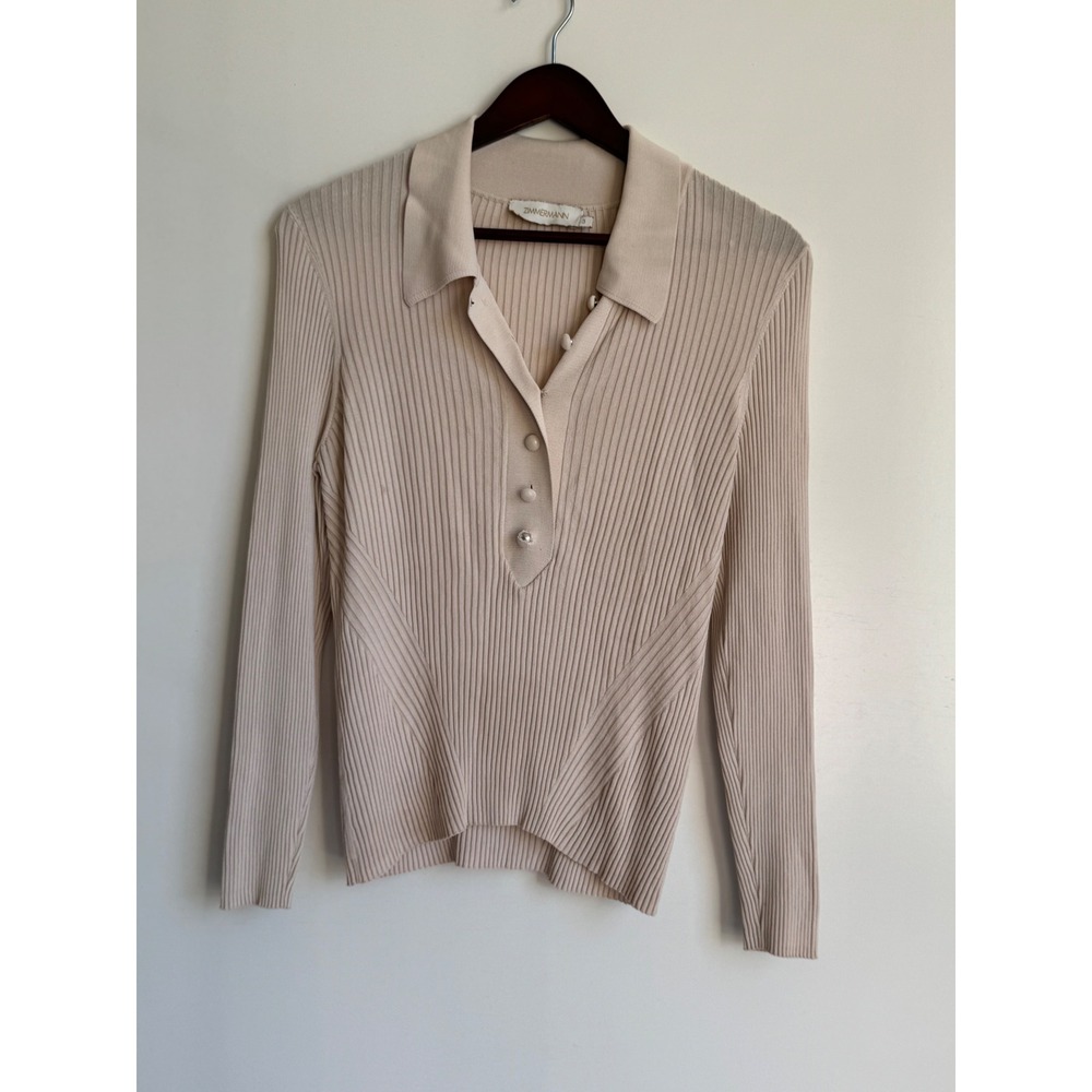 Zimmermann Beige Ribbed Knit Long Sleeve Polo Top Size 3 Neutral Chevron Rib